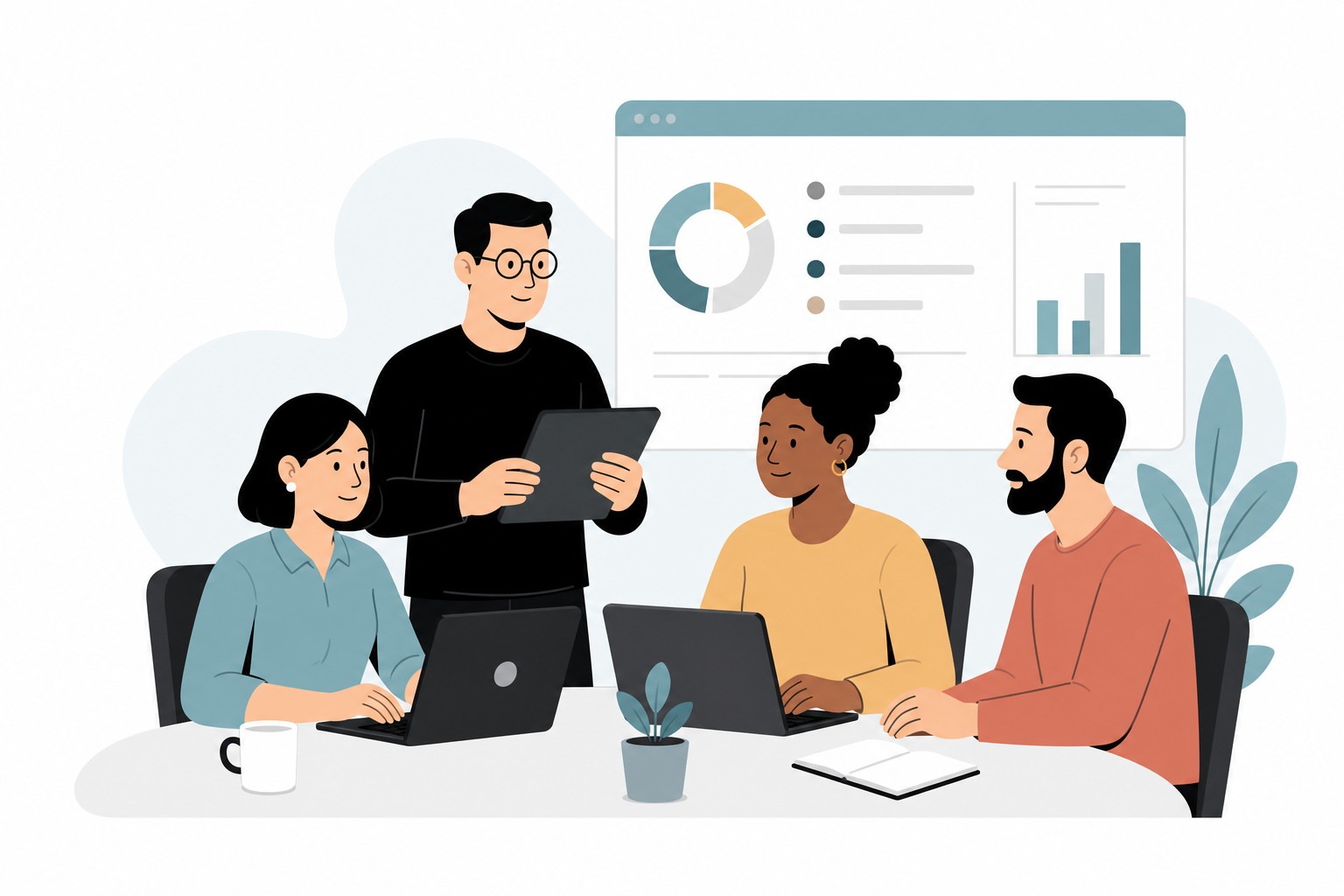 A diverse team collaborating around intelligent business software